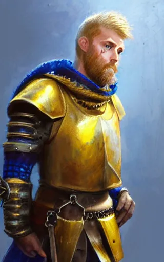 Prompt: a rugged young knight with blonde hair and blue eyes and a short beard wearing a blue shirt over chain mail and steel pauldrons and a yellow cape and leather boots concept art by Tony Sart and Greg Rutkowski, realistic, highly detailed, masterpiece, ArtStation