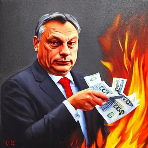 Image similar to viktor orban burning cash, oil painting