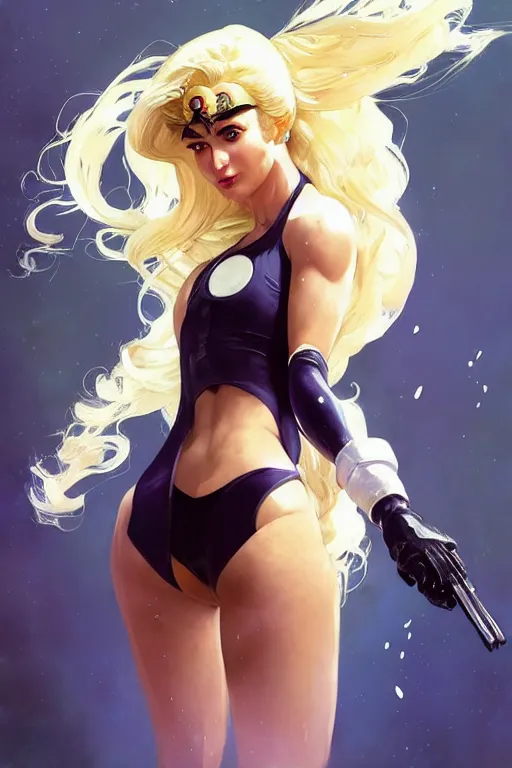 Image similar to gta blonde sailor moon normani as aeon flux profile picture by greg rutkowski, dynamic pose, intricate, futuristic, fantasy, elegant, by stanley artgerm lau, greg rutkowski, thomas kindkade, alphonse mucha, loish, norman rockwell, fantasy lut, asymmetric, long hair, retro computer graphics, video game, fluid lines,