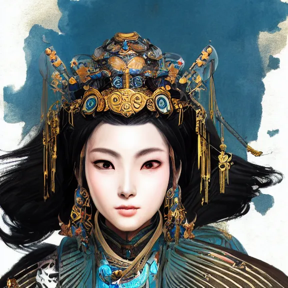 Image similar to ancient chinese princess with steampunk mask, dynasty warriors, divine, unreal engine, 8 k, blue color scheme, headshot, highly detailed, smooth, ink painting, artstation, concept art, in style of yoji shinkawa, pan ren wei, col price, atey ghailan, by greg rutkowski, aesthetic