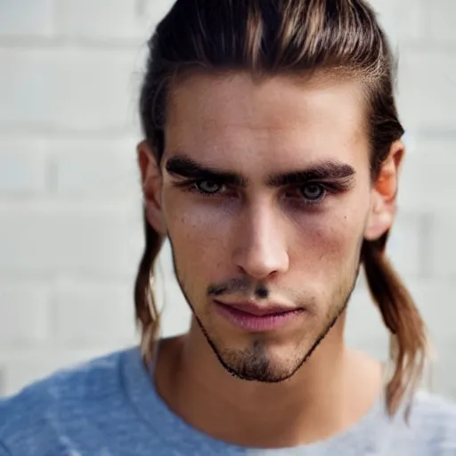Prompt: a skinny young white male with a dark brown man bun for hair no facial hair. H 704