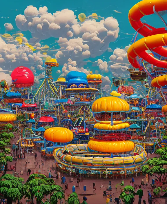 Image similar to a puffy inflated amusement park made out of fat seamless alien snakes, in the style of an aerodynamic obese robot, overgrown with thick orchids, partly cloudy, somber, dramatic lighting, by dan mumford, yusuke murata, makoto shinkai, ross tran, cinematic, unreal engine, cel shaded, featured on artstation, pixiv