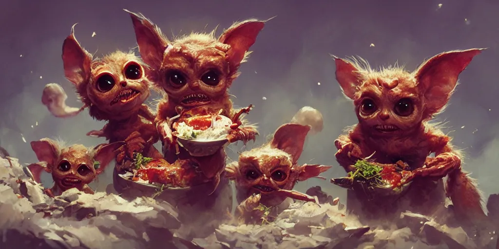 Image similar to gremlins addicted to meatballs, Greg Rutkowski, Darek Zabrocki, Karlkka, Jayison Devadas, Phuoc Quan, trending on Artstation, 8K, ultra wide angle, pincushion lens effect.