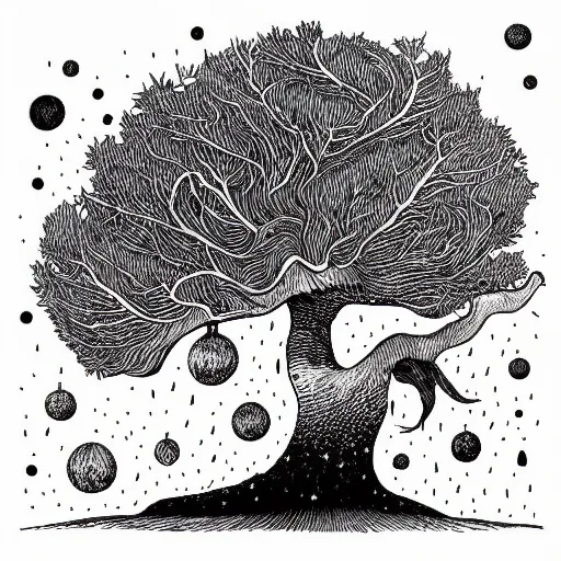 Image similar to black and white ink doodle illustration of an ancient tree floating in outer space, overgrown with funghi, style by peter deligdisch, peterdraws