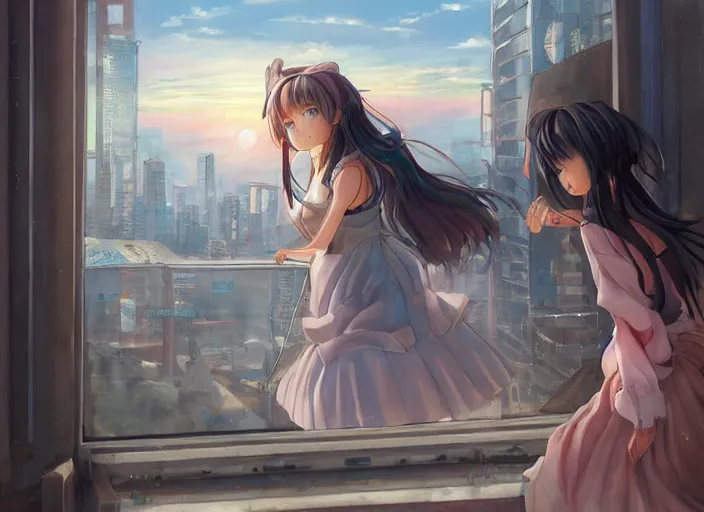 Image similar to anime girl in skirt looking out the window at megopolois and sunset, dynamic composition, motion, ultra-detailed, incredibly detailed, a lot of details, amazing fine details and brush strokes, colorful and grayish palette, smooth, HD semirealistic anime CG concept art digital painting, watercolor oil painting of Clean and detailed post-cyberpunk sci-fi close-up schoolgirl in asian city in style of cytus and deemo, blue flame, relaxing, calm and mysterious vibes,, by a Chinese artist at ArtStation, by Huang Guangjian, Fenghua Zhong, Ruan Jia, Xin Jin and Wei Chang. Realistic artwork of a Chinese videogame, gradients, gentle an harmonic grayish colors. set in half-life 2, Matrix, GITS, Blade Runner, Neotokyo Source, Syndicate(2012), dynamic composition, beautiful with eerie vibes, very inspirational, very stylish, with gradients, surrealistic, dystopia, postapocalyptic vibes, depth of field, mist, rich cinematic atmosphere, perfect digital art, mystical journey in strange world