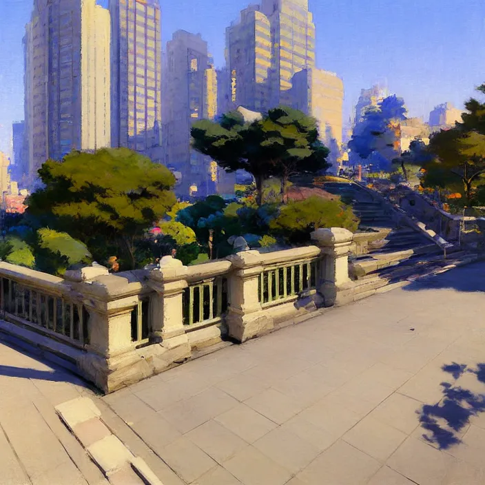 Image similar to painting of a stone railing urban japanese city in the background, calm, sunny day, artwork by jeremy lipkin and giuseppe dangelico pino and michael garmash and rob rey and greg manchess and huang guangjian and makoto shinkai, sharp edges, simple form, 1 0 0 mm