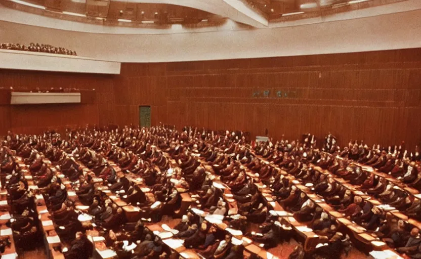 Image similar to 60s movie still of a CCCP congress in a stalinist style parlement, by Irving Penn , cinestill 800t 35mm eastmancolor, heavy grainy picture, very detailed, high quality, 4k, HD criterion, precise texture