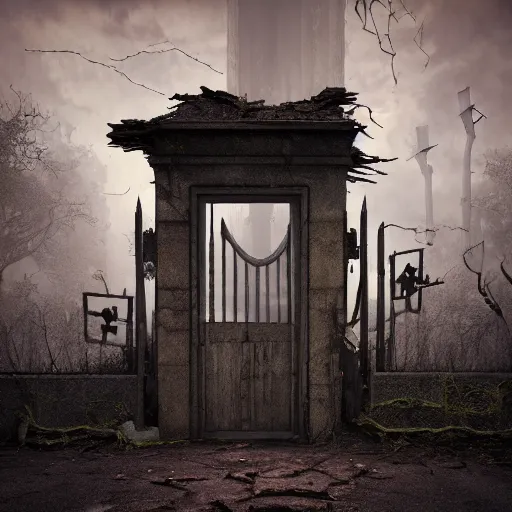 Image similar to a zombie at the gate of a decrepit house, night, misty, scary, spooky, dramatic lighting, moody, style of edgar allen poe, octane render