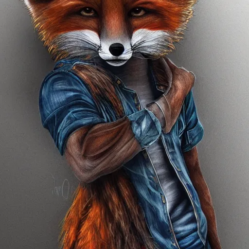 Image similar to A fox wearing a t-shirt and jeans, trending on FurAffinity, energetic, dynamic, digital art, highly detailed, FurAffinity, digital fantasy art, FurAffinity