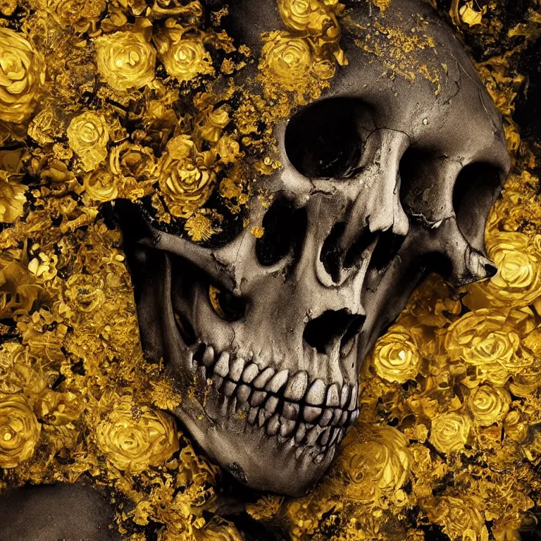 Prompt: A beautiful oil painting hyperrealism of a decayed black head, rotting black clay skin, skull bones, close up, gold flowers, gold floral headdress, 8k resolution, octane render, Trending on artstation, by Gediminas Pranckevicius, volumetric light 2blue fractal Thunder glow by dan mumford, anaglyph effect, Laurie Lipton