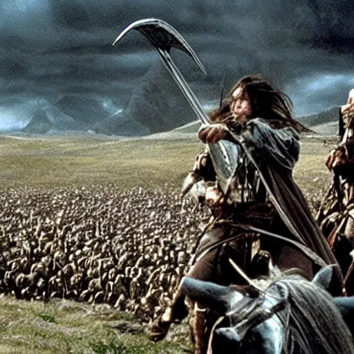 Prompt: still from lord of the rings showing the ride of the rohirrim, riding toward minas tirith