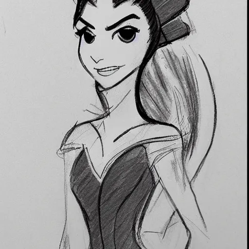 Image similar to milt kahl sketch of victoria justice with done up hair, tendrils covering face and ponytail as princess padme from star wars episode 3