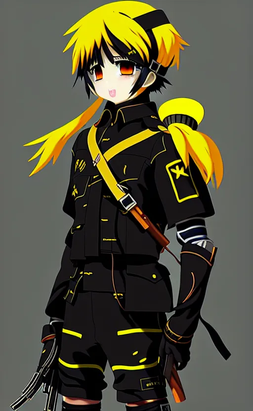 Image similar to anime portrait of a vicious helldiver scout soldier, black armor with yellow accents, ilya kuvshinov, anime, pixiv top monthly, trending on artstation, cinematic, danbooru, zerochan art, kyoto animation