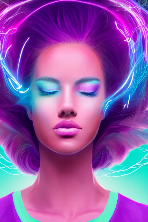 Image similar to a award winning half body portrait of a beautiful woman in a croptop and cargo pants with ombre purple pink teal hairstyle with head in motion and hair flying, surrounded by whirling illuminated lines, outrun, vaporware, shaded flat illustration, digital art, trending on artstation, highly detailed, fine detail, intricate