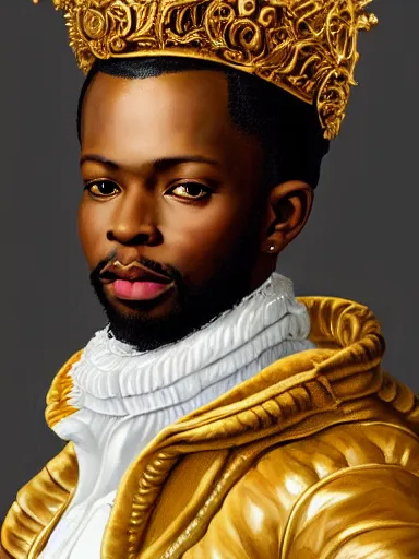 Image similar to rococo portrait of a black prince wearing a golden crown with pastel flowers, symmetrical, realistic, 8 k, artstation, digital painting, art by krenz cushart, kehinde wiley, artgem