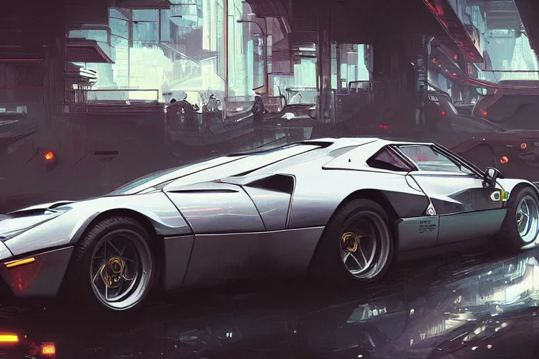 Image similar to luxury cyberpunk Ferrari 288 GTO, highly detailed, digital painting, artstation, concept art, sharp focus, illustration, art by artgerm and greg rutkowski and alphonse mucha