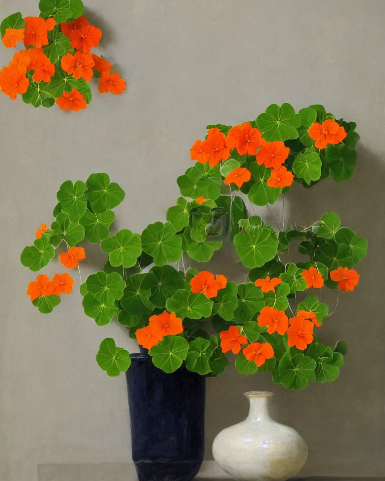 Prompt: fine artwork of a still life arrangement of flowering nasturtiums in japanese ceramic pots. soft light coming from a window in a dark room, moody, wabisabi, hygge