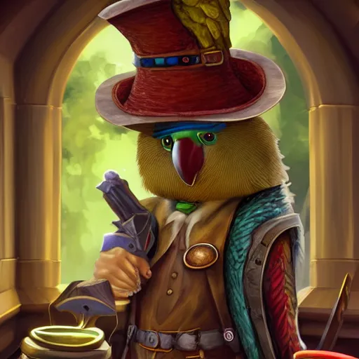 Image similar to Anthropomorphized parrot trader in his shop, medium shot, full body, items, weapons, magic potions, trinkets, carpet, lamps, window, fancy hat, sly expression, cunning expression, cute expression, long thick shiny black beak, D&D, fantasy, cinematic lighting, highly detailed, digital painting, artstation, concept art, smooth, sharp focus, illustration, warm light, cozy warm tint, magic the gathering artwork, volumetric lighting, 8k, art by Greg Rutkowski