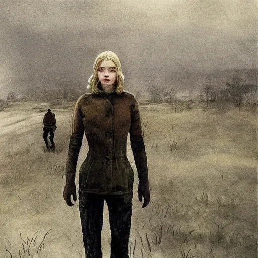 Image similar to Elle Fanning in the painted world of Metro 2033, head and shoulders masterpiece, apocalypse, golden hour, cosmic horror, artstation, in the style of Andrew Wyeth and Edward Hopper and Bosch, extremely detailed