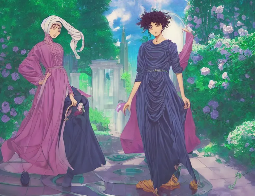 Image similar to middle eastern scifi alchemist at the rose garden, wearing a lovely dress with vaporwave details. this oil painting by the award - winning mangaka has an interesting color scheme and impeccable lighting.