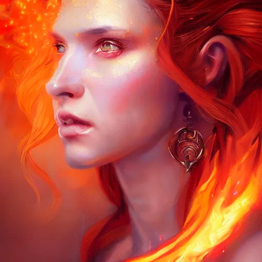 Image similar to a beautiful portrait of a fire goddess, flaming background, a detailed painting by greg rutkowski and raymond swanland, featured on cgsociety, fantasy art, detailed painting, artstation hd, photorealistic