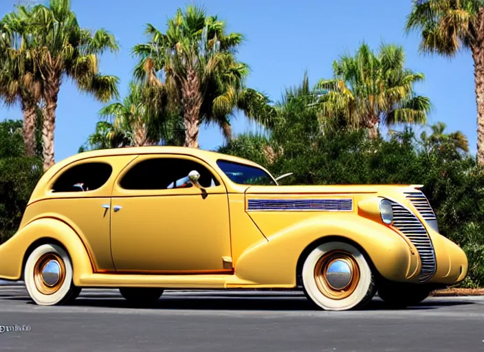 Image similar to 1 9 3 7 pontiac sedan, two tone, tan, palm trees in the background