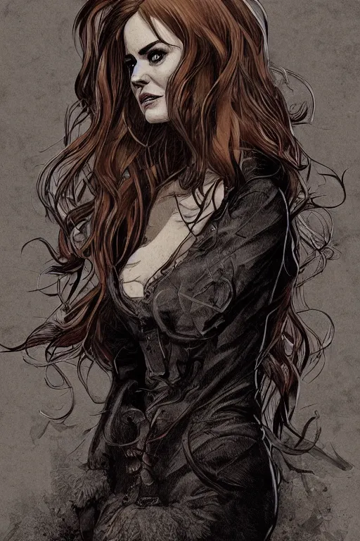Prompt: isla fisher in sleepy hollow, full body, big two toned eyes, teeth gritted, horror, intricate details, cinematic, epic, realistic, anatomy, tomer hanuka, uplight, artstation, photorealistic, scary