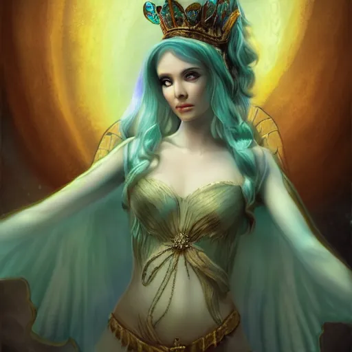 Prompt: detailed portrait of a fairy queen with wings wearing a silk robe, crown, pixie, iris, realism, emerald, galaxy, sapphire, blonde hair going down to touch the floor, moonlit, wearing a bejeweled mask, dark fantasy, dramatic lighting, cgsociety, artstation