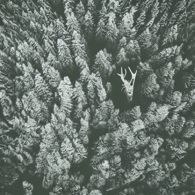 Image similar to bloody wendigo in forest at night, night vision, shot from drone, grainy