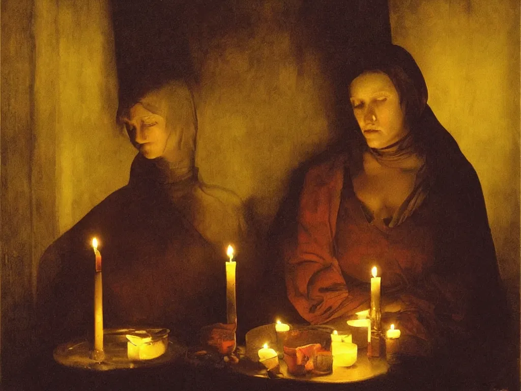 Image similar to Beautiful woman seated at a candle light. Melancholy. Painting by Georges de la Tour, Jan Saudek