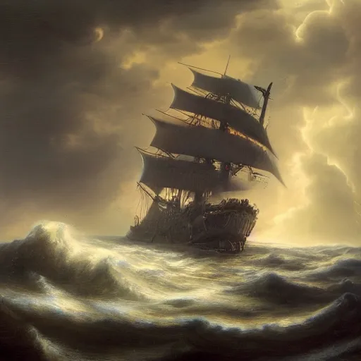 Image similar to a highly detailed hyperrealistic scene of a ship being attacked by giant squid tentacles, jellyfish, squid attack, dark, voluminous clouds, thunder, stormy seas, pirate ship, dark, high contrast, giant sea monster attacking from the clouds