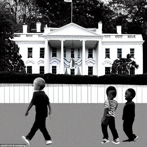 Image similar to one girl and three boys, they are siblings, the wall of a white house is in the beackground