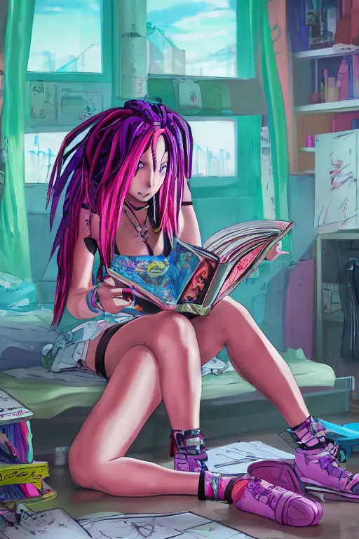 Prompt: concept art painting of an anime cybergoth girl with pink dreads on the floor reading a book in a cluttered 9 0 s bedroom, toon shading, cel shading, trending on artstation, fantasy concept art, stunning visuals, creative, cinematic, vaporwave colors, rendered by substance designer, lifelike,