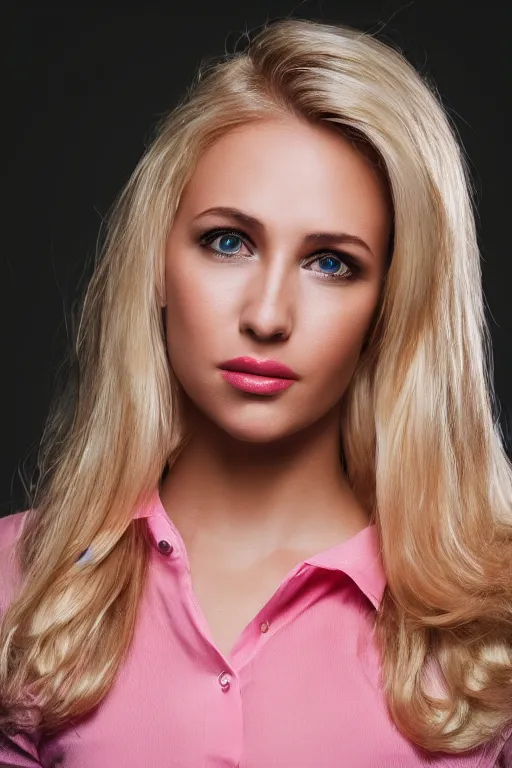 Image similar to 2 8 year old professional blonde female model wearing pink blouse, portrait, neck zoomed in, photo realistic, slr, studio lighting, golden hour, 4 k, high definition