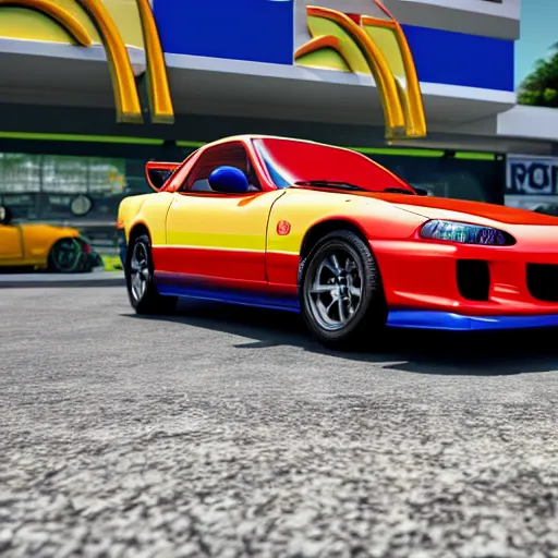 Image similar to mazda rx7 fd in mcdonalds colors, jdm, 4k, hyperdetailed, photorealistic