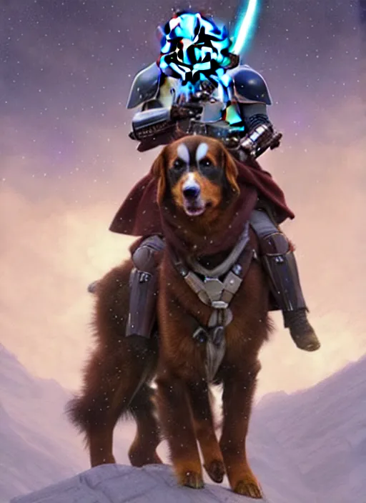 Image similar to mandalorian riding a bernese montain dog, realistic, star wars, beautiful glowing lights, sci - fi, stunning, intricate, elegant. highly detailed, digital painting. artstation. smooth. sharp focus. illustration. art by artgerm and greg rutkowski and alphonse mucha