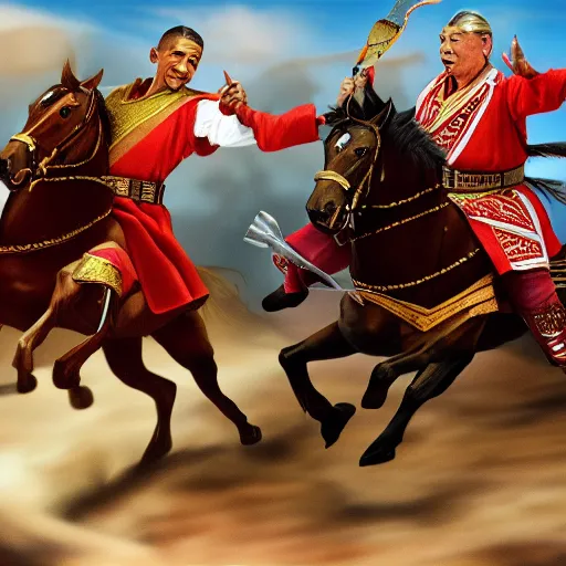 Image similar to genghis khan chasing obama, 4 k, photograph, realistic, detailed