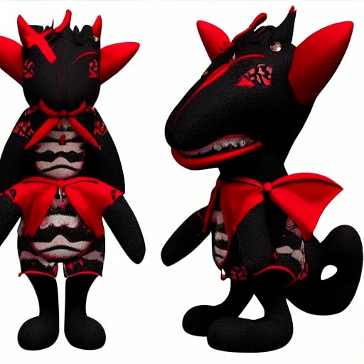 Image similar to a cute fumo plush dragon imp in a traditional patterned black and red uniform, gothic, vray
