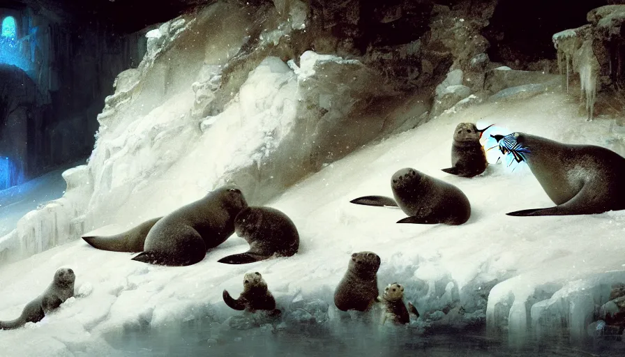 Image similar to highly detailed closeup painting of daddy seal looking after cute furry white baby seals inside a snowy fantasy ice crystal cavern by william turner, by greg rutkowski, by william constable, thick brush strokes and visible paint layers, 4 k resolution