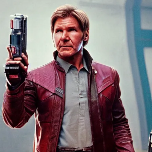 Image similar to film still of 1980s Harrison Ford as Star Lord in Guardians of the Galaxy