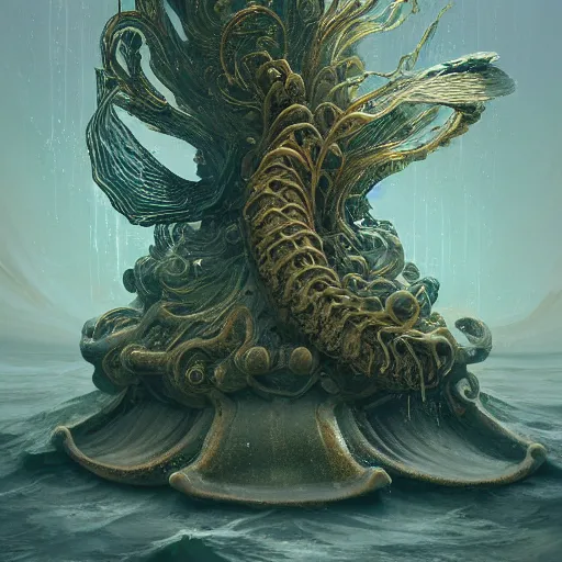 Image similar to decorative ornamental shrine of holy god of the sea, acanthus scroll, ceremonial clouds, dripping paint, fibonacci rhythm, kelp, barnacle, artstation, art germ, wlop, karol bak, christopher balaskas