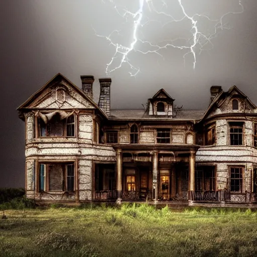 Image similar to a real photo taxidermized horror mansion, in a lighting storm, portrait, 4 k, 8 0 mm,