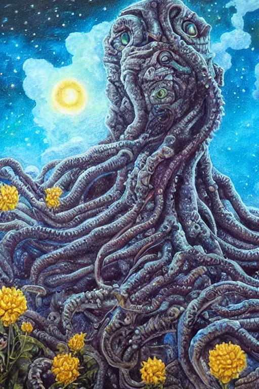 Image similar to oil painting, close-up, hight detailed, giant lovecraftian monster with flowers everywhere beneath night stars mixed with blue sky, in style of 80s sci-fi art, neodada