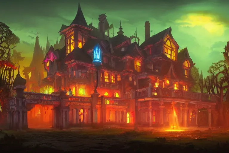 Image similar to matte painting, haunted mansion, infographic with illustrations!!!, glowing lights, epic fantasy, colorfully, digital art, highly saturated colors, concept art, detailed illustration, hd, 4 k, digital art, greg rutkowski, dan mumford, studio ghibli trending on artstation