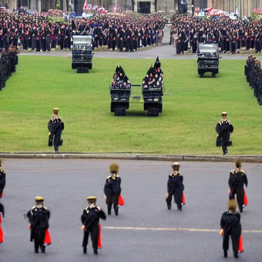 Image similar to queen victoria watching a parade of military vehicles, cloudy day