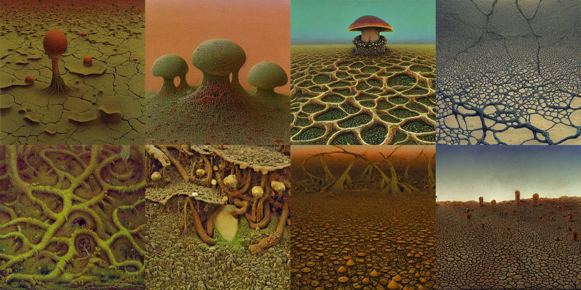 Prompt: closeup of building shaped like magic mushrooms, vine covered, moss covered, desert, cracked dry lake bed, by Zdzislaw Beksinski, Norman Rockwell, highly detailed, soft lighting, film grain, 8k resolution, hd, oil on canvas