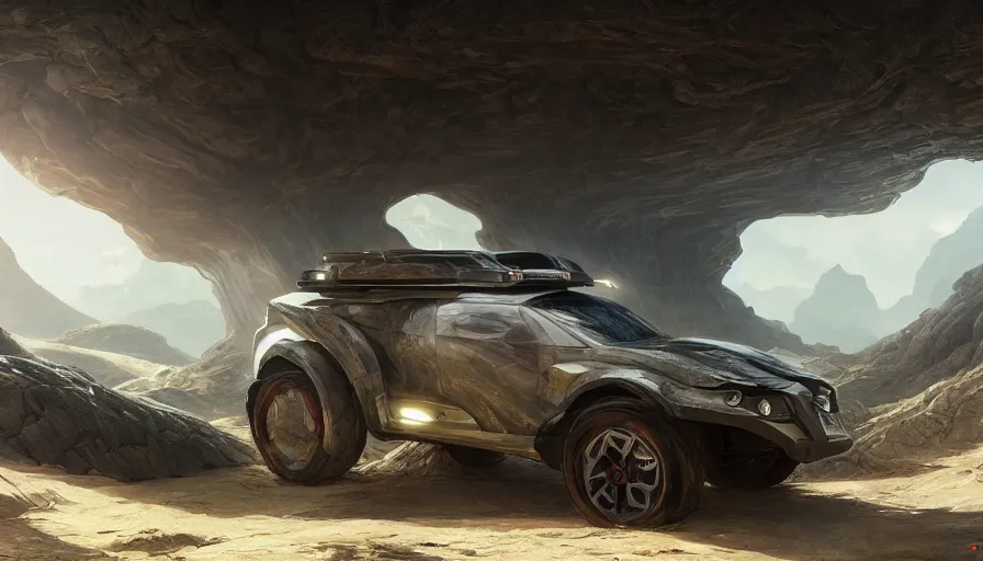 Image similar to a futuristic offroad suv designed by apple driving through socotra island, artgerm and greg rutkowski and alphonse mucha, an epic fantasy, volumetric light, detailed, establishing shot, trending on art station, octane render, midsommar