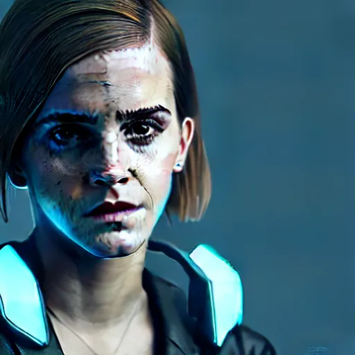 Prompt: Portrait of Emma Watson as an android from Detroit become human, sad, mystery, fear, human android, highly detailed, ominous vibe, smoke, octane render, cgsociety, artstation, trending on ArtStation, by Pascal Duriaux
