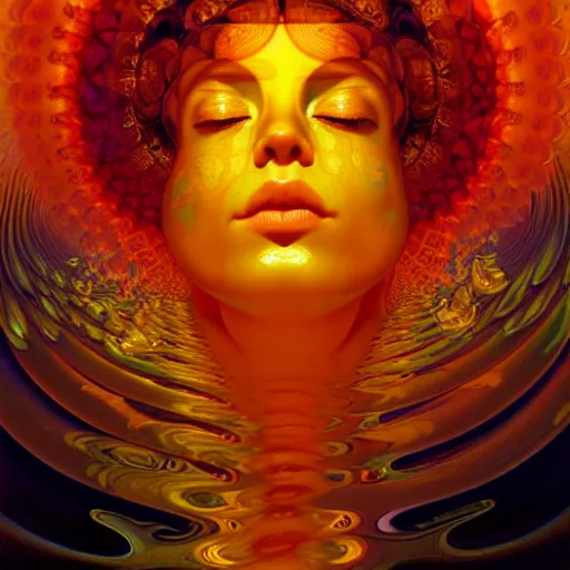 Image similar to transcendent bodhisattva mind bending psychedelic waves of glossy liquid honey flowing like kaleidoscopic translucent amber, lsd waves, honey ripples, enlightenment, dramatic professional lighting, refracted sunset lighting, highly detailed, concept art, art by collier, albert aublet, krenz cushart, artem demura, alphonse mucha