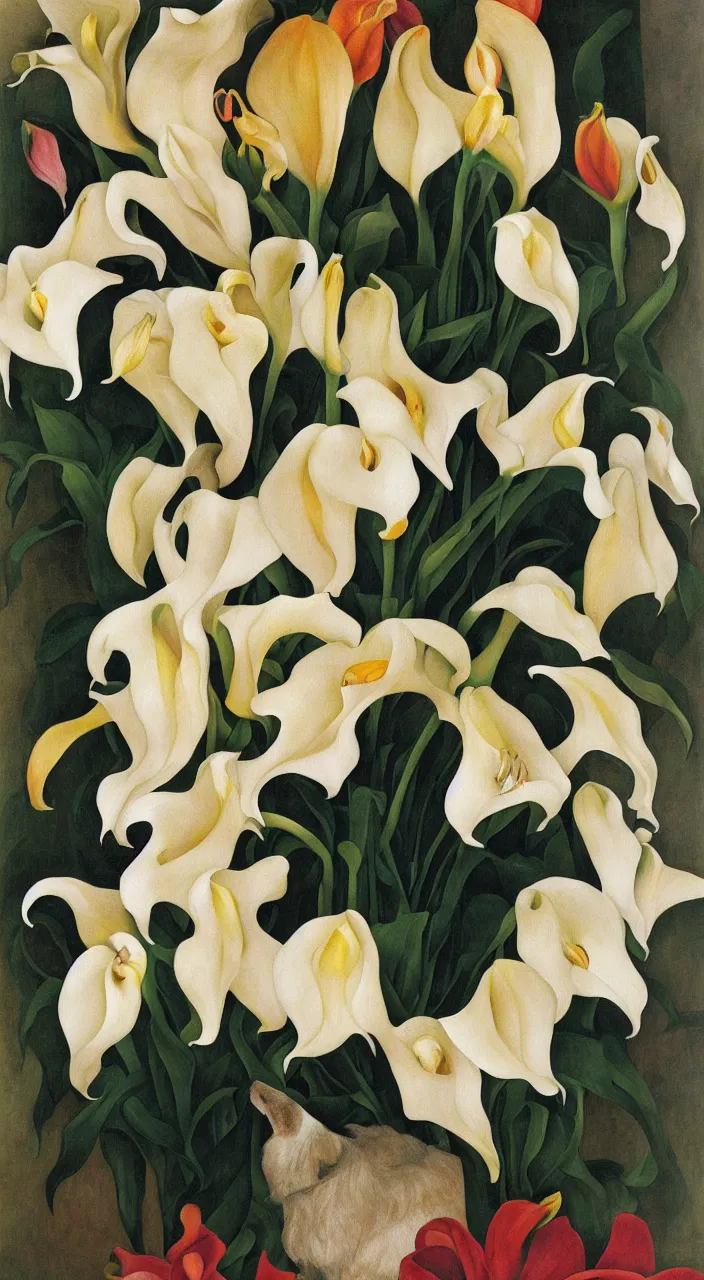 Prompt: portrait of a cream colored havanese dog with a bouquet of calla lillies, mexico, painting by diego rivera realism aztec modernism 1 9 3 5